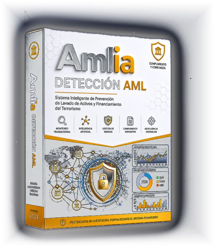 Caja del producto Amlia · Detección AML — Sistema Inteligente de Prevención de Lavado de Activos