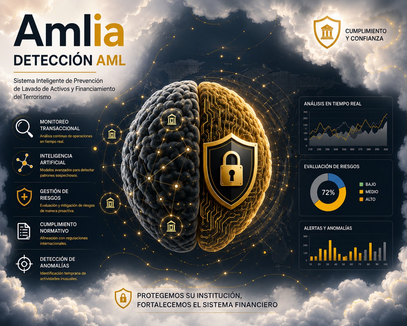 Amlia · Detección AML — Sistema Inteligente de Prevención de Lavado de Activos y Financiamiento del Terrorismo. Monitoreo transaccional, inteligencia artificial, gestión de riesgos, cumplimiento normativo y detección de anomalías, con análisis en tiempo real, evaluación de riesgos y alertas.